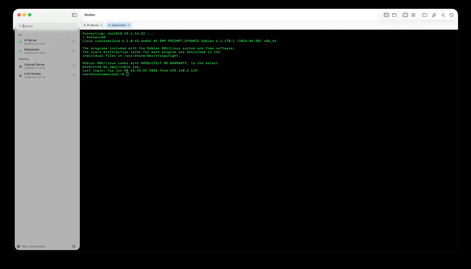 Noden dual-pane SFTP file manager, local and remote side by side