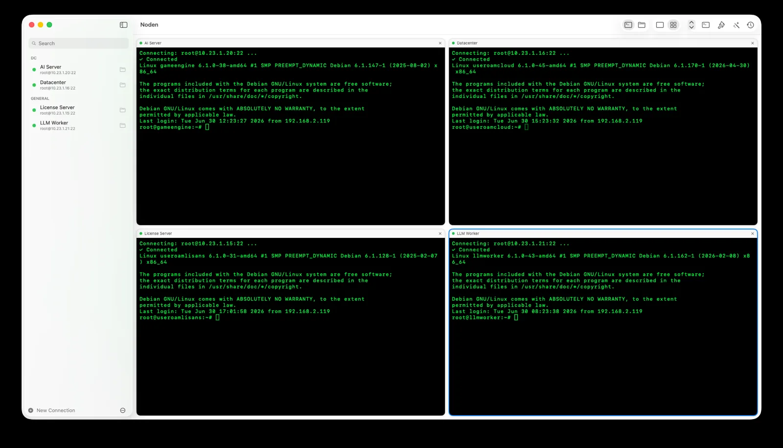 Noden as an iTerm2 alternative for SSH: four saved server sessions live in one grid