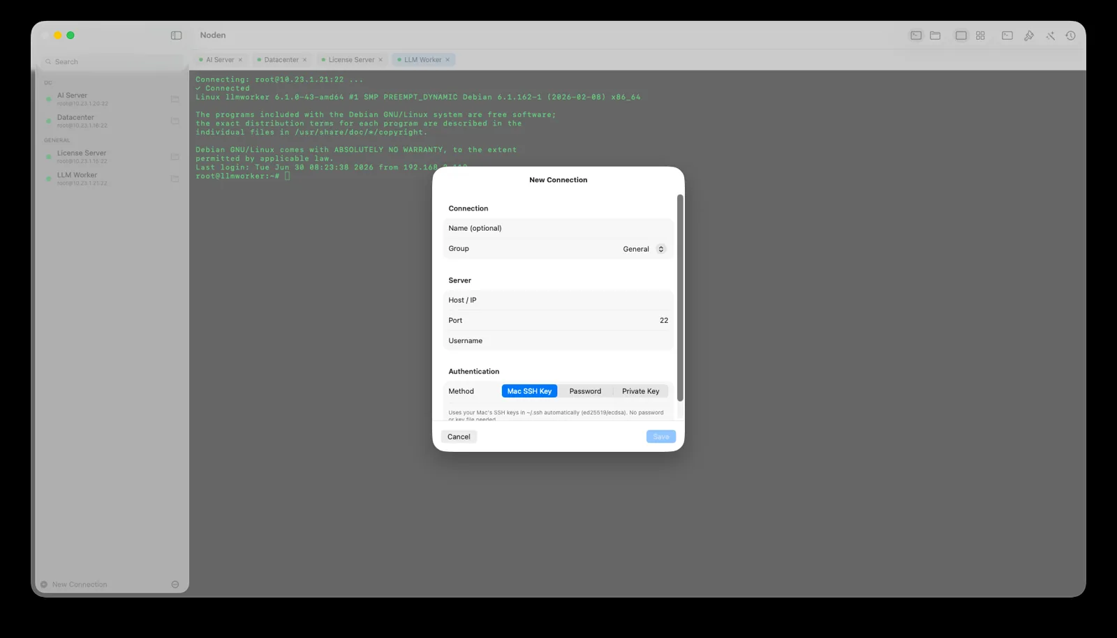 Setting up an SSH connection on a Mac in Noden, using the Mac SSH keys already in ~/.ssh
