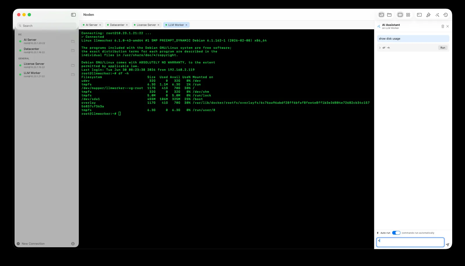 The Noden AI SSH client turning 'show disk usage' into a df -h command that waits for approval before running