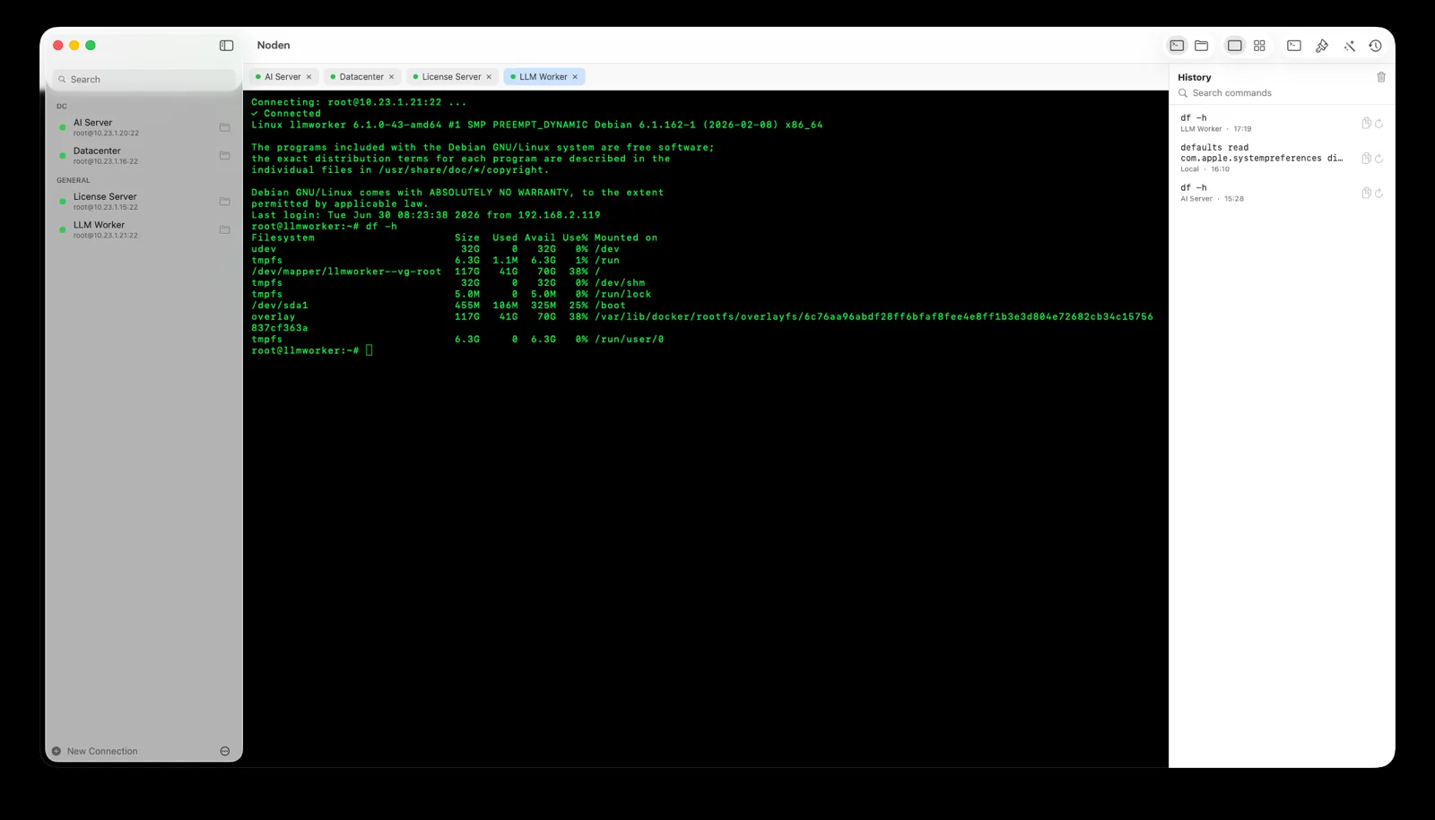 Noden multi-session terminal with tabs, history and autocomplete