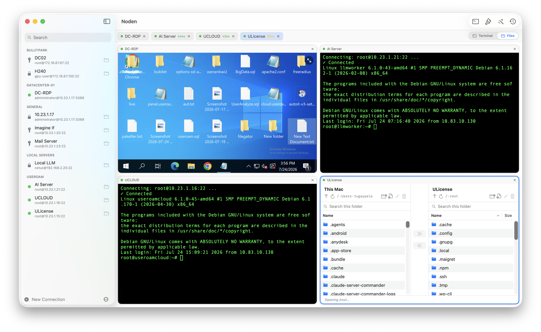 Noden ızgara düzeni: Windows RDP masaüstü, iki Linux terminali ve çift panelli dosya yöneticisi aynı anda açık