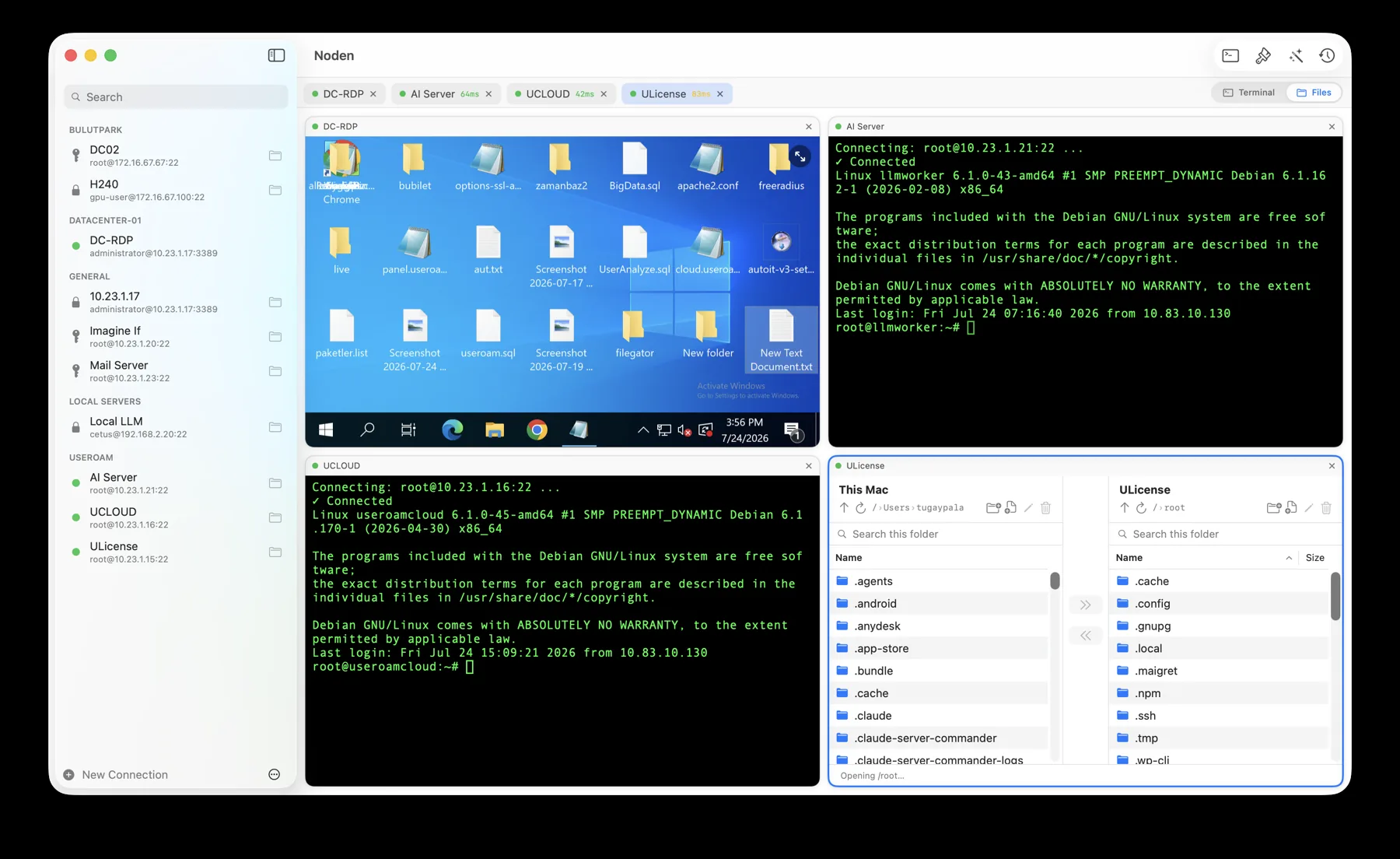 Noden grid: a Windows RDP desktop, two Linux terminals and a dual-pane file manager open at once