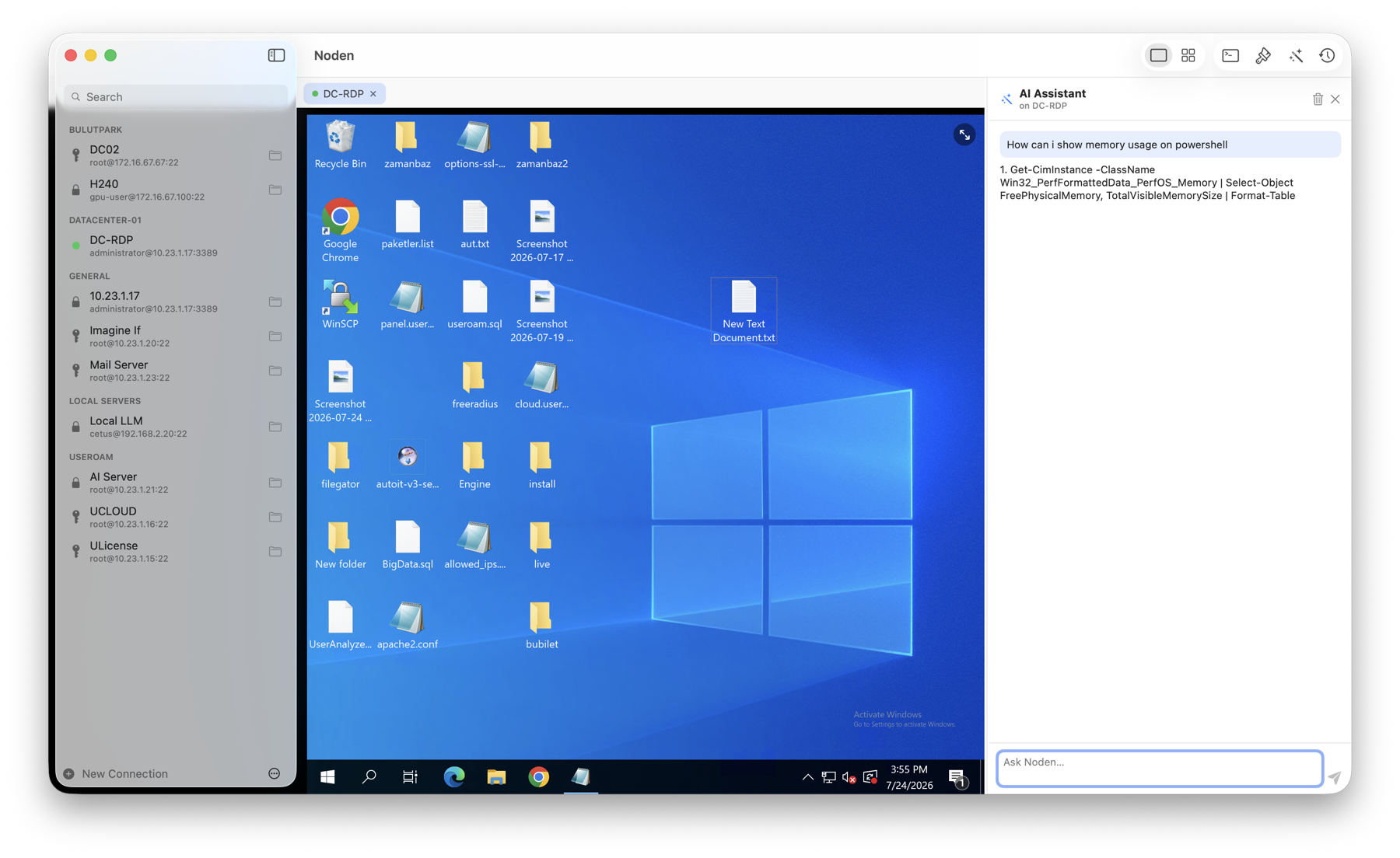 Windows RDP oturumunun yanında PowerShell sorusunu yanıtlayan Noden yapay zekâ asistanı