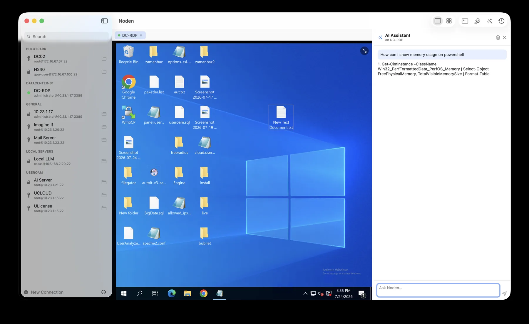 Noden AI assistant answering a PowerShell question next to a Windows RDP session
