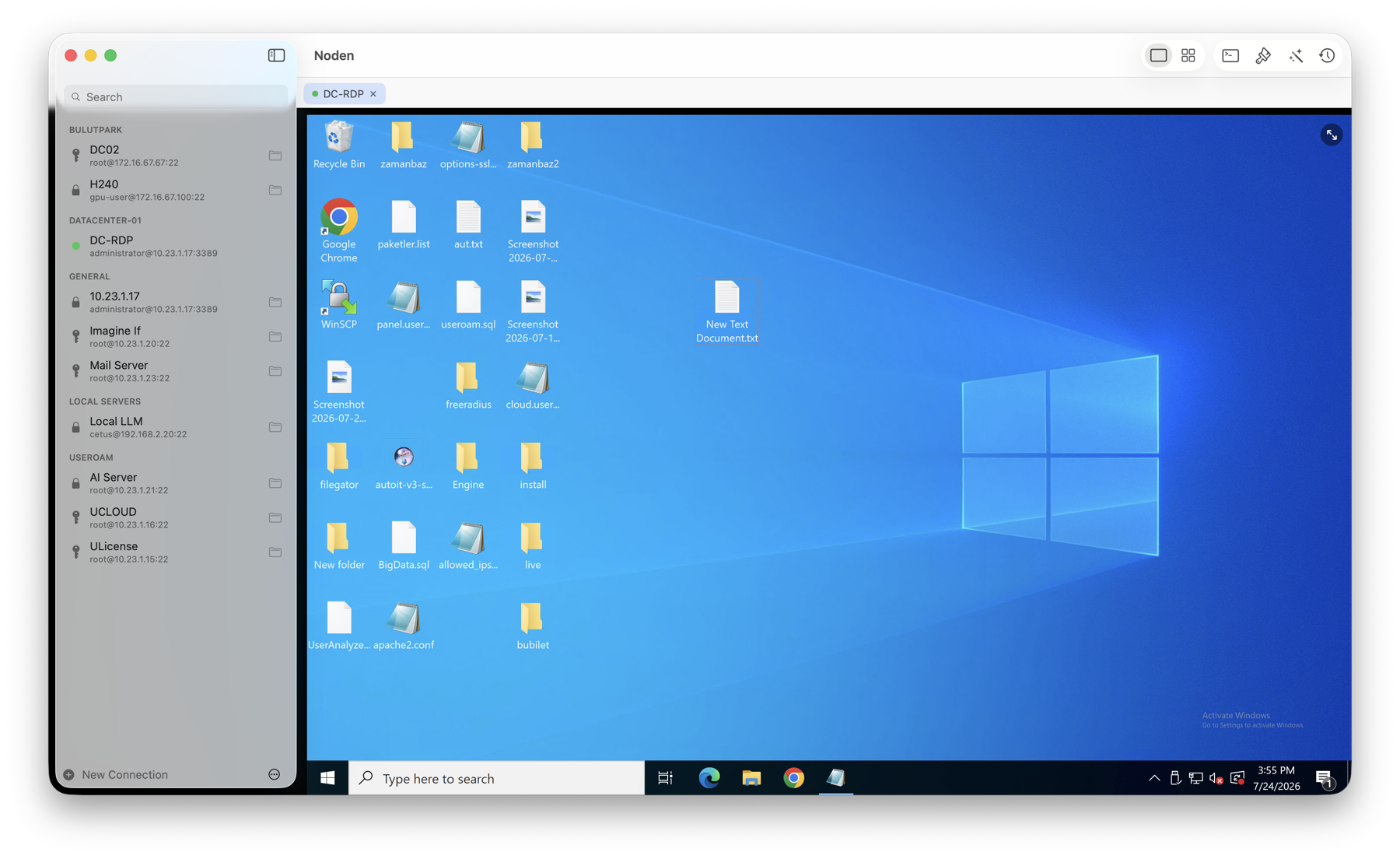 Tam ekran Windows masaüstü gösteren Noden RDP istemcisi