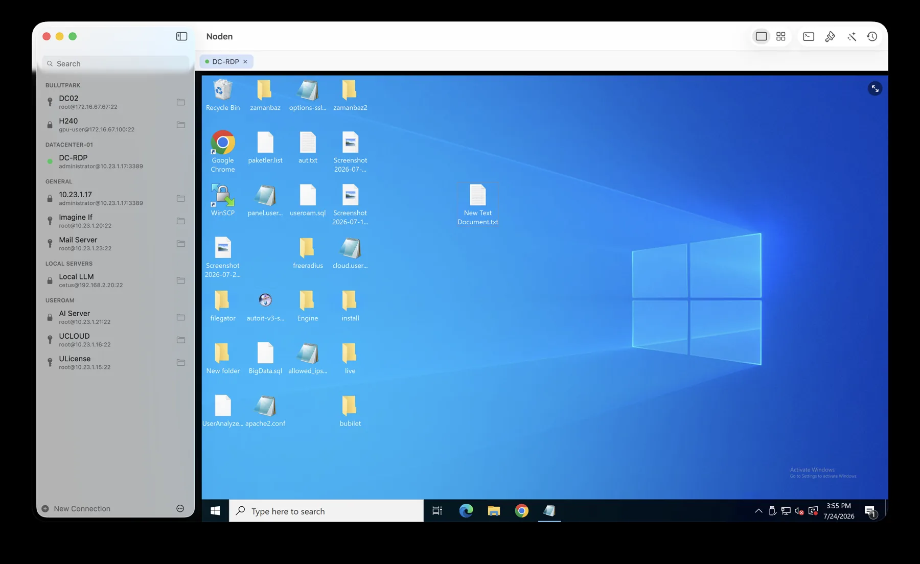 Noden RDP client showing a full Windows desktop